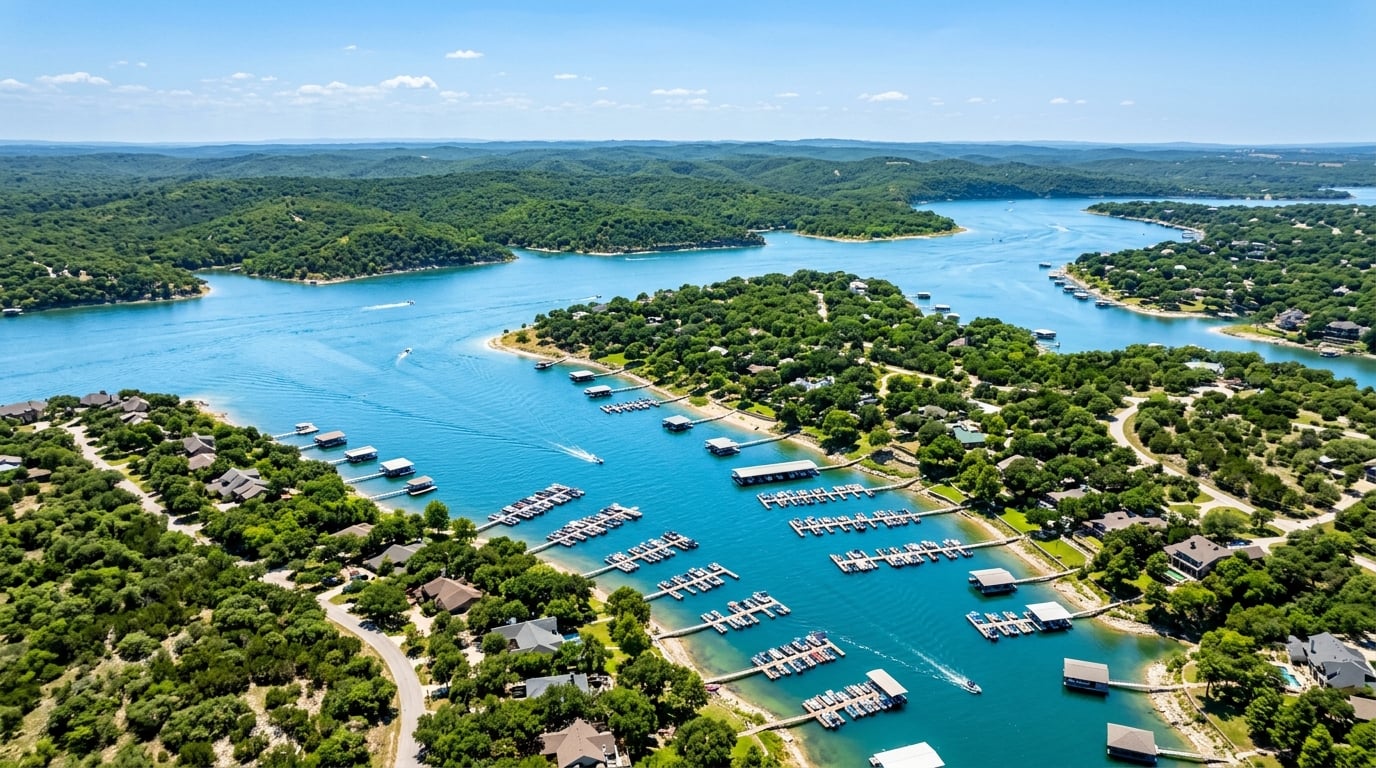 Aerial view of Lake Bridgeport Texas with boats on the water