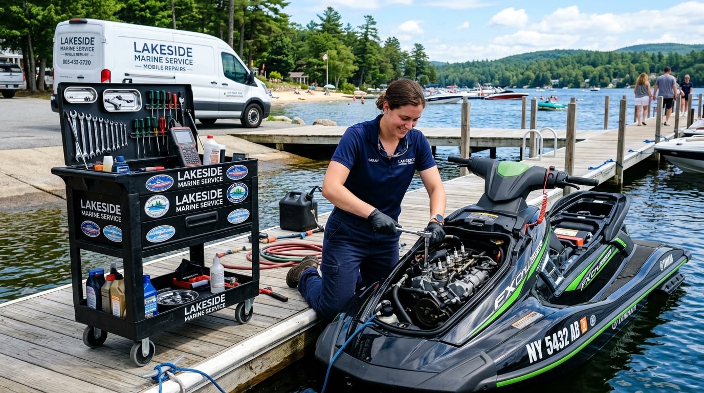 Mobile marine mechanic working on a boat at the lake dock