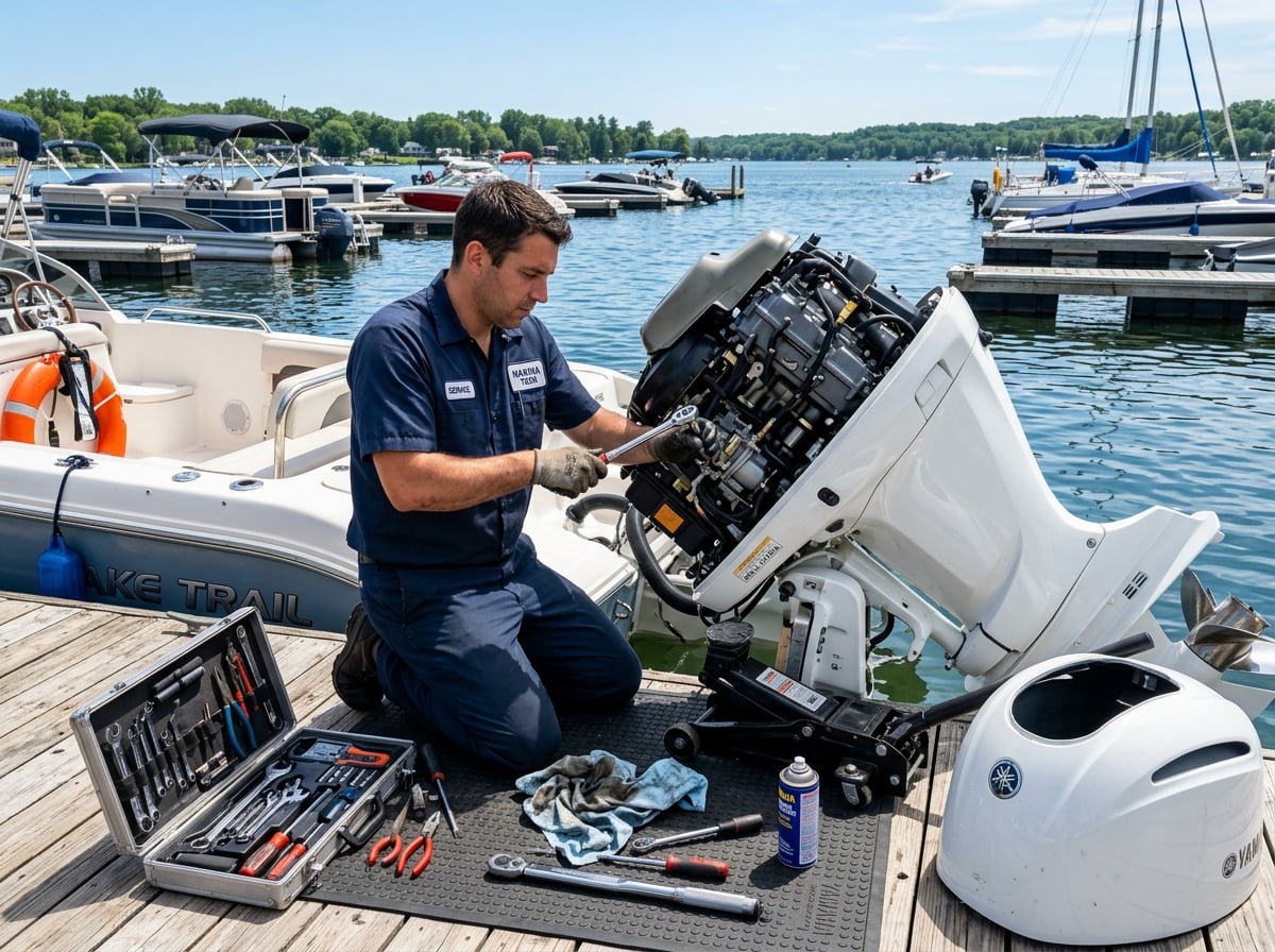 Outboard motor being serviced