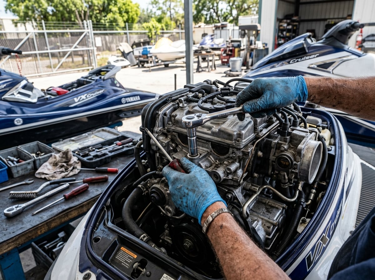 Mechanic repairing jet ski engine