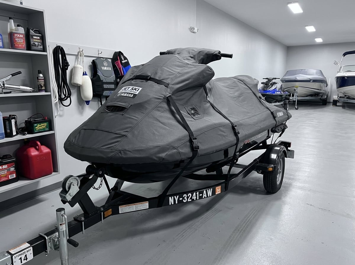 Jet ski winterized with protective cover